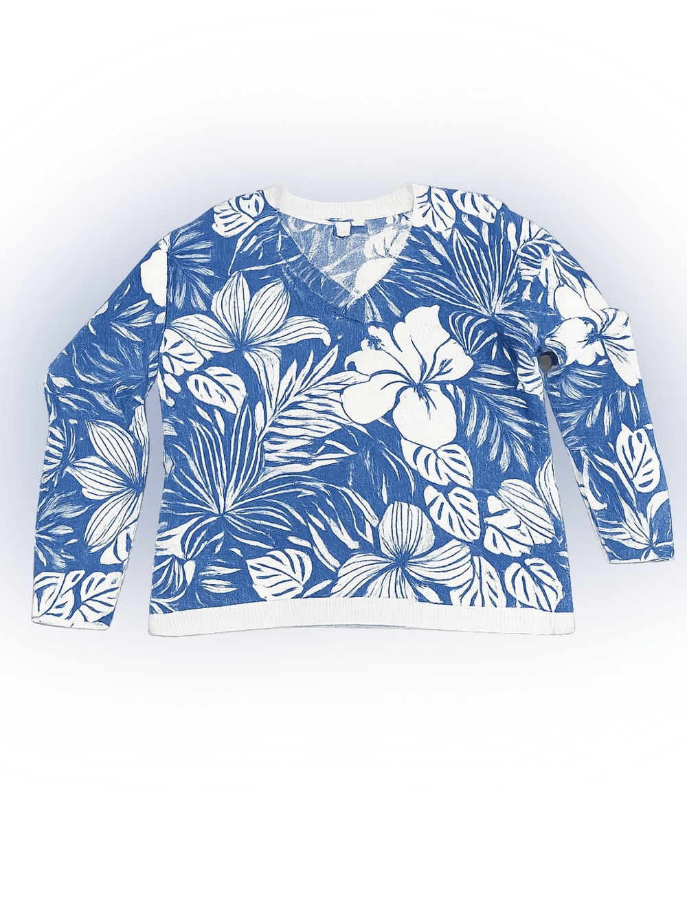 Tommy Bahama Blue White Tropical Floral Open Knit V-Neck Sweater Womens M